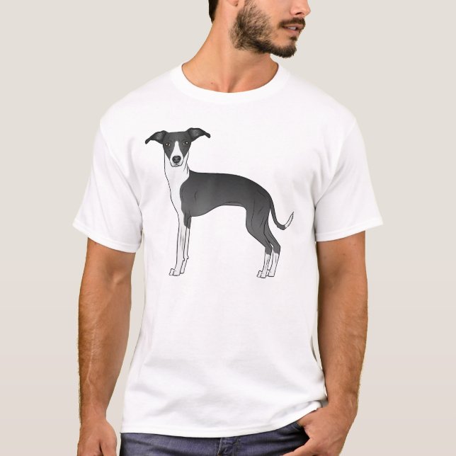 Black And White Italian Greyhound Dog Illustration T-Shirt (Front)
