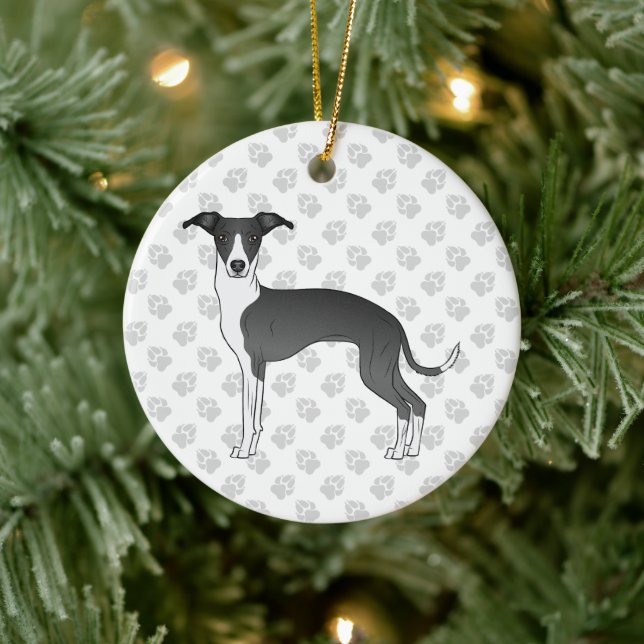 Black And White Italian Greyhound Dog With Paws Ceramic Tree Decoration (Tree)