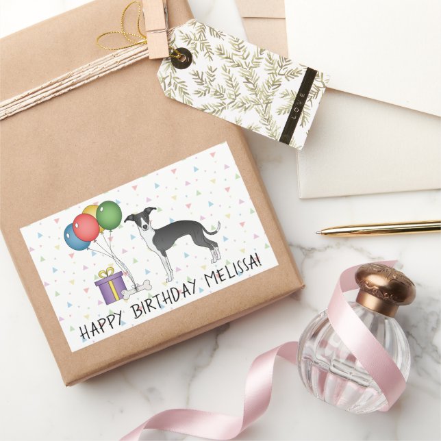 Black And White Italian Greyhound - Happy Birthday Rectangular Sticker (Gifting)