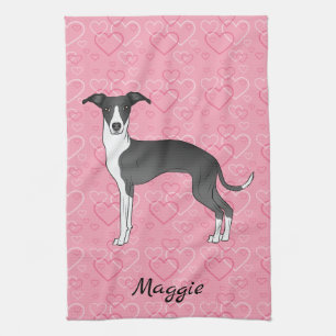 Black And White Italian Greyhound On Pink Hearts Tea Towel