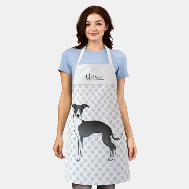 Black And White Italian Greyhound With Custom Name Apron (Worn)
