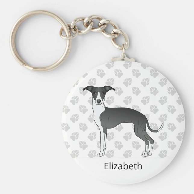 Black And White Italian Greyhound With Custom Name Key Ring (Front)