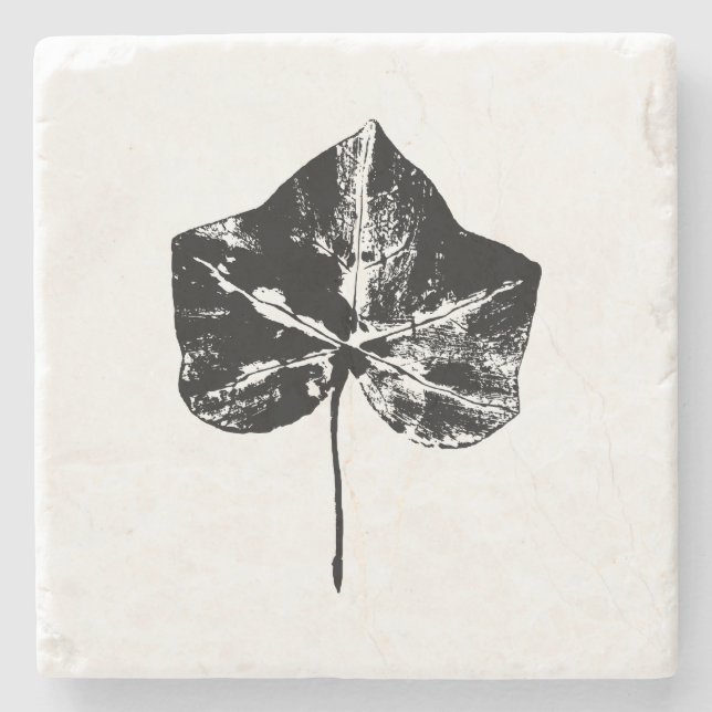 Black and White Ivy Leaf Print Stone Coaster (Front)