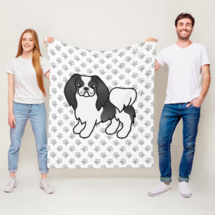 Black And White Japanese Chin Cartoon Dog & Paws Fleece Blanket
