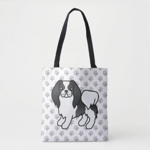 Black And White Japanese Chin Cartoon Dog & Paws Tote Bag