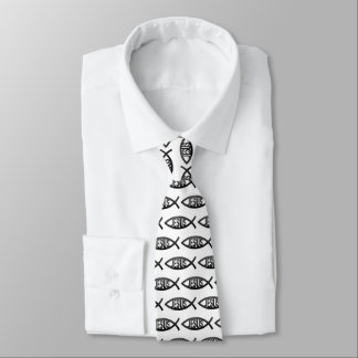 Black and White Jesus Christian Fish Symbol Tie