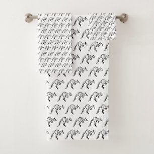 Black and White Jumping Kangaroo Sketch Bath Towel Set