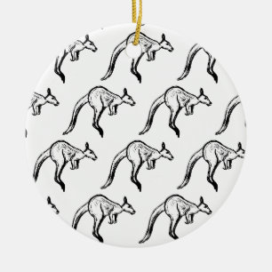 Black and White Jumping Kangaroo Sketch Ceramic Tree Decoration