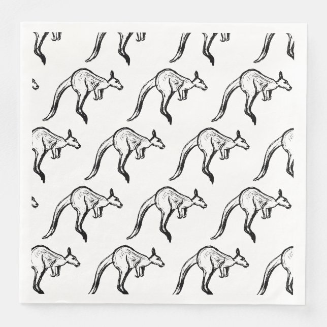 Black and White Jumping Kangaroo Sketch Napkin (Front)