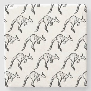 Black and White Jumping Kangaroo Sketch Stone Coaster