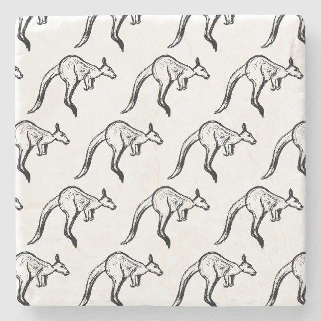 Black and White Jumping Kangaroo Sketch Stone Coaster (Front)