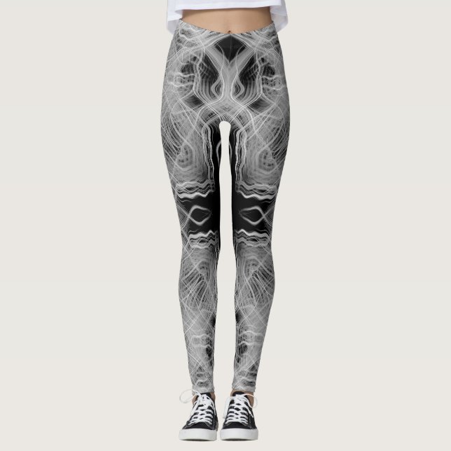 Black and white kaleidoscope light trails pattern leggings (Front)