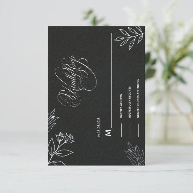 black AND WHITE KINDLY REPLAY CALLIGRAPHY SCRIPT  RSVP Card (Standing Front)