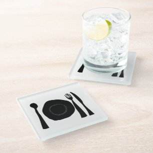 Black and White Kitchen Utensils Glass Coaster
