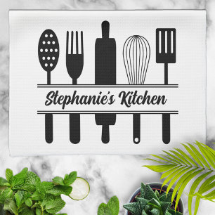 Black and White Kitchen Utensils Personalised Tea Towel