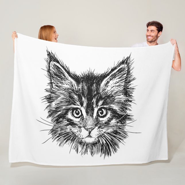 Black and White Kitten Face Fleece Blanket (In Situ)