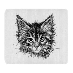 Black and White Kitten Face Glass Cutting Board