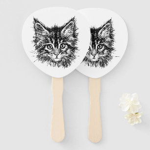 Black and White Kitten Face Hand Fan