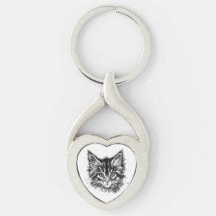 Black and White Kitten Face Key Ring