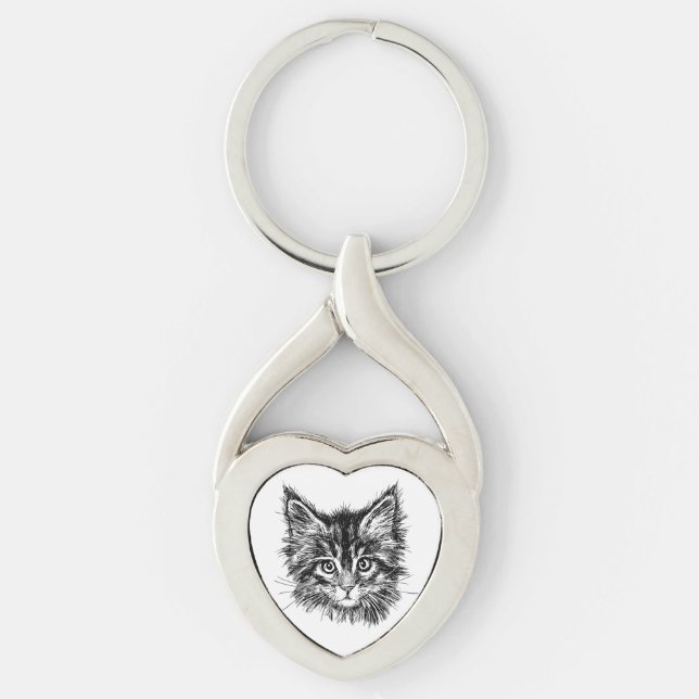 Black and White Kitten Face Key Ring (Front)