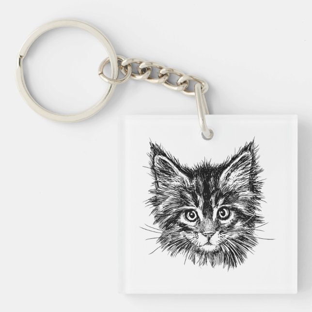 Black and White Kitten Face Key Ring (Front)