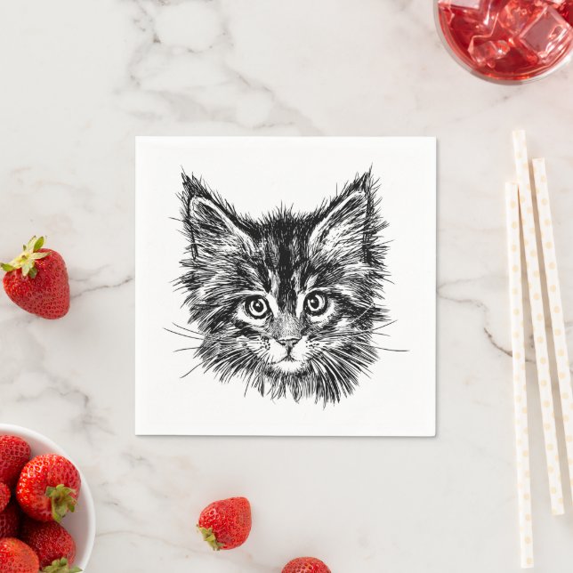 Black and White Kitten Face Napkin (Insitu)