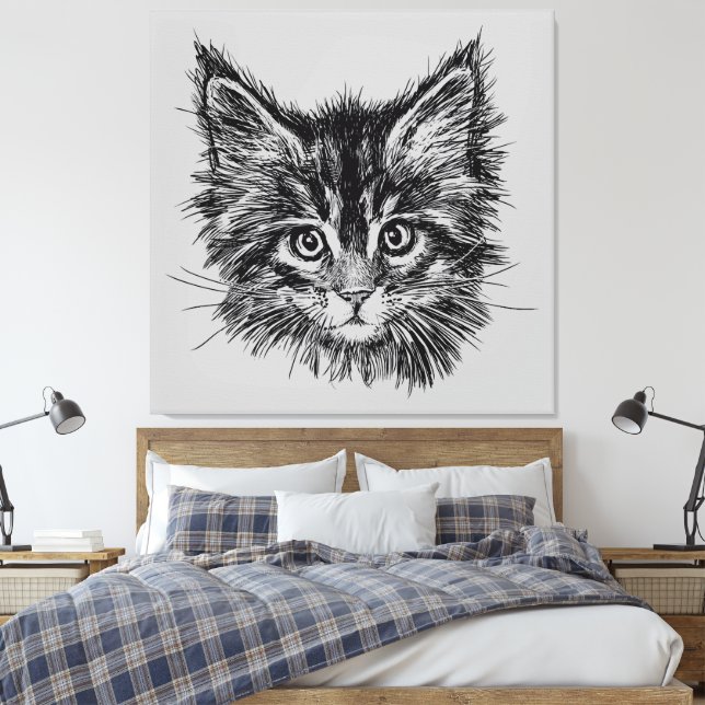 Black and White Kitten Face on Grey Canvas Print (Insitu(Bedroom))