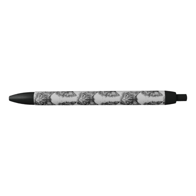 Black and White Kitten Face on Grey Ink Pen (Front)