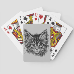 Black and White Kitten Face on Grey Playing Cards