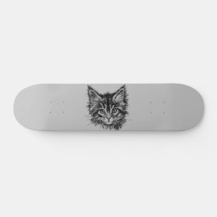 Black and White Kitten Face on Grey Skateboard