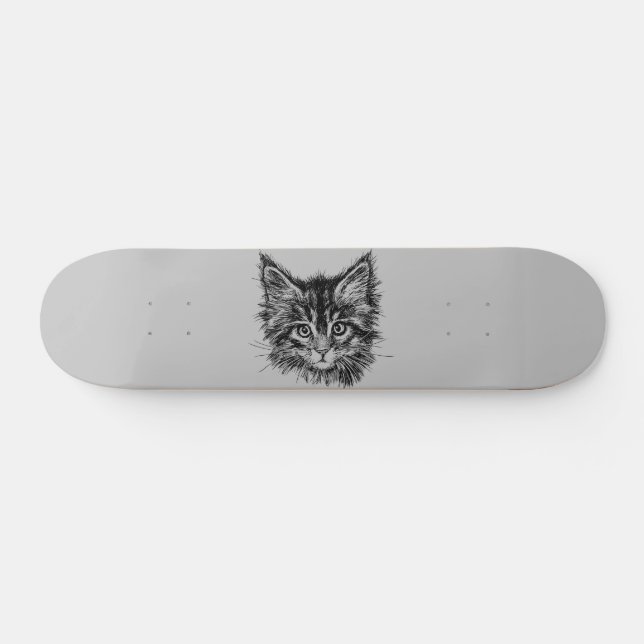 Black and White Kitten Face on Grey Skateboard (Horz)