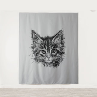 Black and White Kitten Face on Grey Tapestry