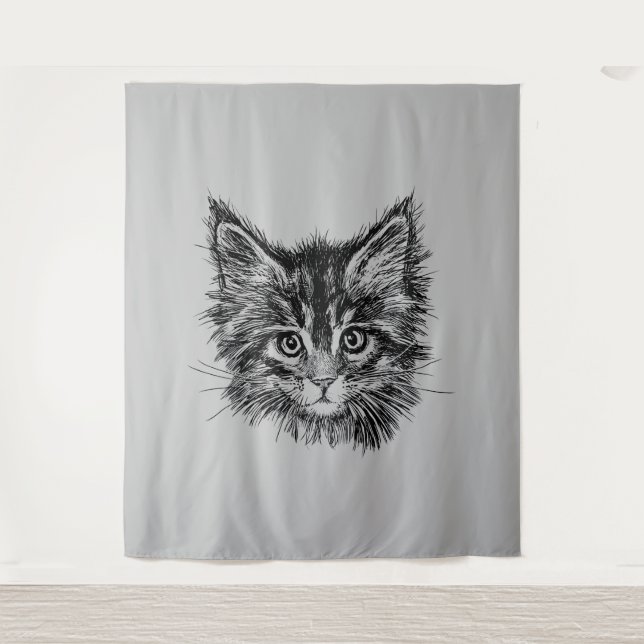 Black and White Kitten Face on Grey Tapestry (Front)