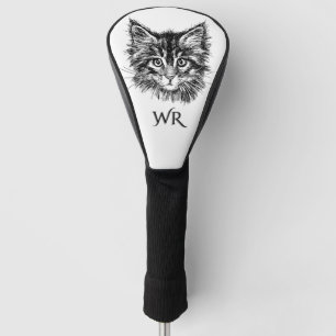 Black and White Kitten Face Personal Monogram Golf Head Cover