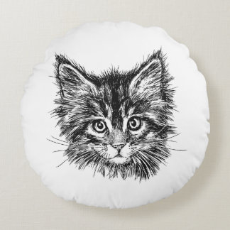 Black and White Kitten Face Round Cushion