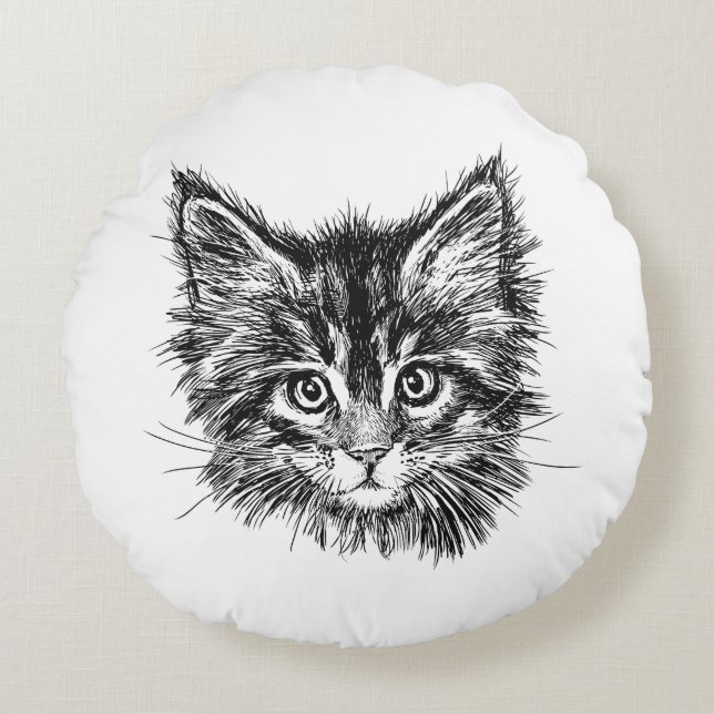 Black and White Kitten Face Round Cushion (Front)