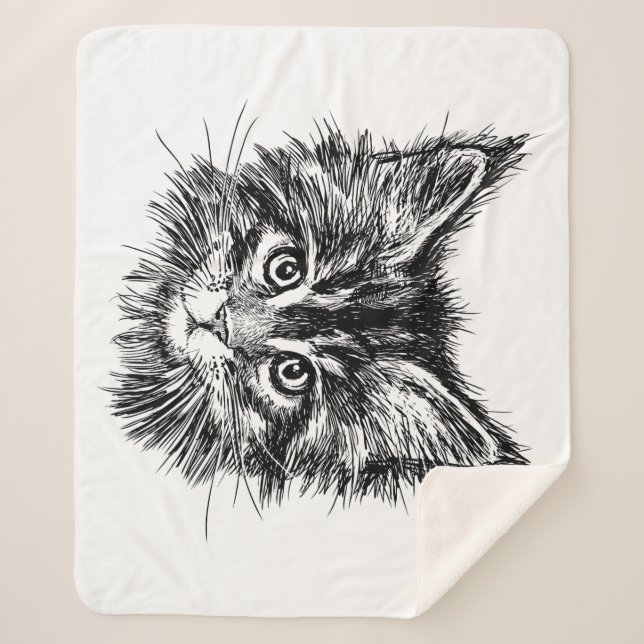 Black and White Kitten Face Sherpa Blanket (Front)