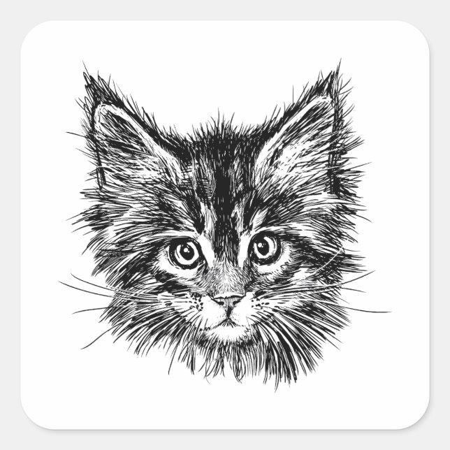 Black and White Kitten Face Square Sticker (Front)