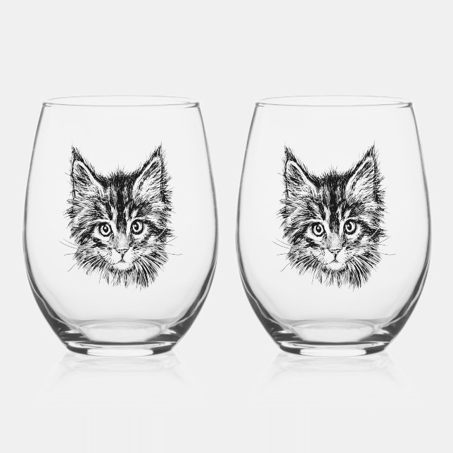 Black and White Kitten Face Stemless Wine Glass (Front)