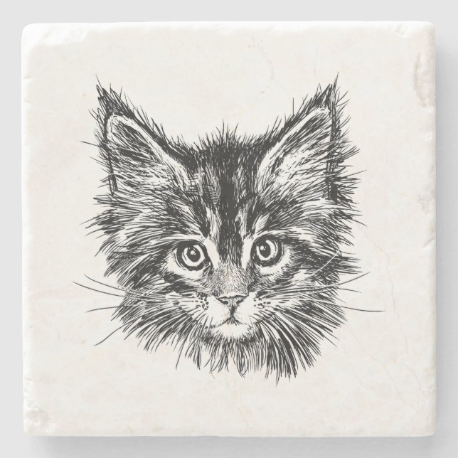 Black and White Kitten Face Stone Coaster (Front)