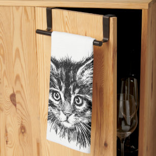 Black and White Kitten Face Tea Towel