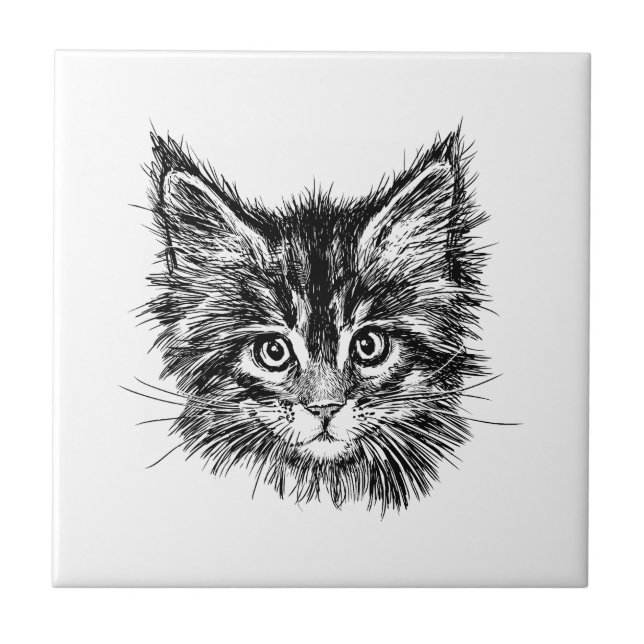 Black and White Kitten Face Tile (Front)