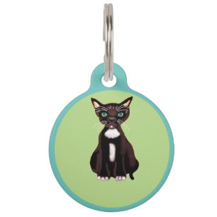 Black and white kitten on green background pet tag