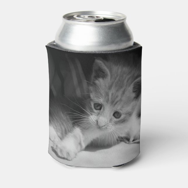 Black and White Kitten Photograph Can Cooler (Can Back)