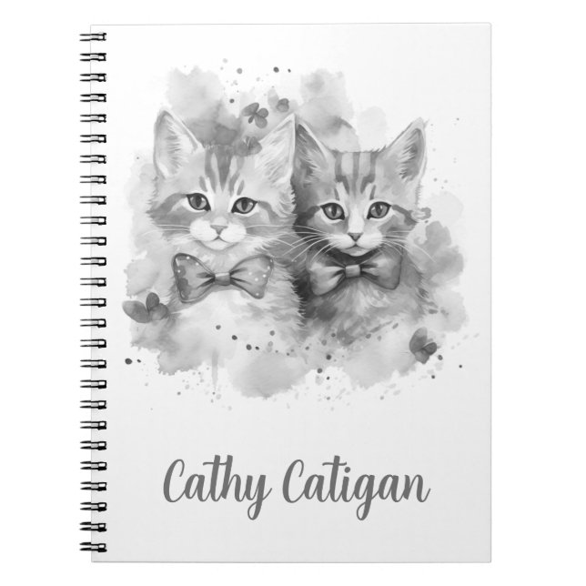 Black and white kittens with bow custom name notebook (Front)