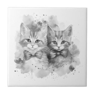 Black and white kittens with bows and butterflies tile