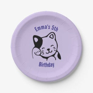 Black and White Kitty Cat Waving Hello Birthday Paper Plate