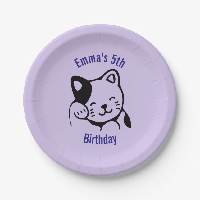 Black and White Kitty Cat Waving Hello Birthday Paper Plate (Front)