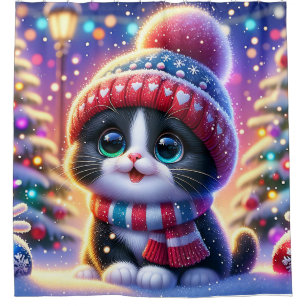  “Black and White Kitty’s First Christmas Outing” Shower Curtain
