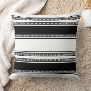 Black and white lace braid and horizontal stripes cushion